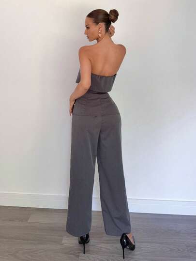 SHEIN Essnce بدلة نسائية للمعلمات تتكون من توب أنبوبي قابل للطي بلون أحادي وبنطال طويل بخصر مزخرف بالزهور، ملابس صيفية نسائية
