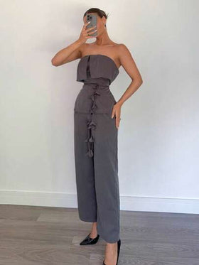 SHEIN Essnce بدلة نسائية للمعلمات تتكون من توب أنبوبي قابل للطي بلون أحادي وبنطال طويل بخصر مزخرف بالزهور، ملابس صيفية نسائية