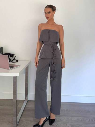 SHEIN Essnce بدلة نسائية للمعلمات تتكون من توب أنبوبي قابل للطي بلون أحادي وبنطال طويل بخصر مزخرف بالزهور، ملابس صيفية نسائية