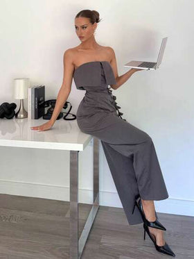 SHEIN Essnce بدلة نسائية للمعلمات تتكون من توب أنبوبي قابل للطي بلون أحادي وبنطال طويل بخصر مزخرف بالزهور، ملابس صيفية نسائية