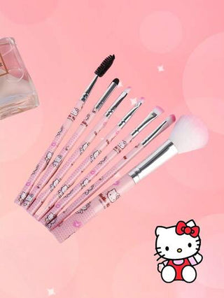 Sanrio مجموعة فرش مكياج هالو كيتي من 10 قطع للسيدات، مجموعة فرش مكياج احترافية - أحمر خدود بودرة زهري, قلم للحواجب, أحمر شفاه, ظلال عيون, فرشاة وبفّة بودرة, مناسبة للمبتدئات