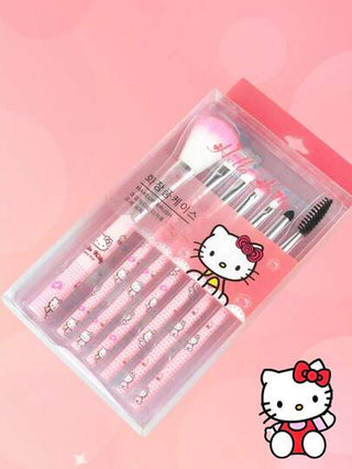 Sanrio مجموعة فرش مكياج هالو كيتي من 10 قطع للسيدات، مجموعة فرش مكياج احترافية - أحمر خدود بودرة زهري, قلم للحواجب, أحمر شفاه, ظلال عيون, فرشاة وبفّة بودرة, مناسبة للمبتدئات
