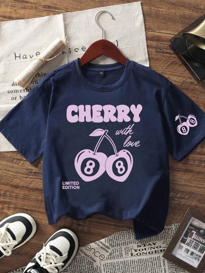 ملابس بناتي ملابس علوية T-shirt قصير الأكمام مطبوع بنمط الكرز للفتيات المراهقات ، قطعة ملابس راحة الطالبات الشبابية ، قمصان صيفية عادية يحبها الفتيات