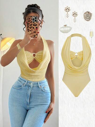 Elenzga بوديسوت صيفية مريحة للعطلات والشاطئ بحمالات رفيعة بتصميم البرالي للنساء ذات لون أصفر كريمي ملمس مضلع وخطوط مصممة بأسلوب فتاة متحفزة للاستقلال
