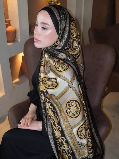 وشاح حريري مطبوع بطراز قصر فاخر، شال ساتان رجعي، وشاح حرير اصطناعي، ملابس سفر كاجوال للحماية من الرياح والشمس قطعة واحدة