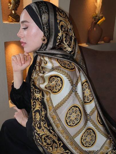 وشاح حريري مطبوع بطراز قصر فاخر، شال ساتان رجعي، وشاح حرير اصطناعي، ملابس سفر كاجوال للحماية من الرياح والشمس قطعة واحدة