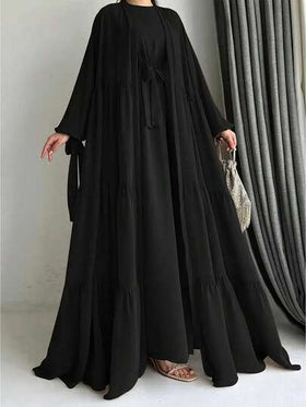 طقم أبايا أنيق، يشمل الفستان والحزام - أبايا شيفون بأكمام طويلة وخط H، شق جانبي، طول منتظم، لون أحادي، أكمام فانوس، حافة مكرمشة - ملابس محتشمة تقليدية مناسبة لجميع الفصول