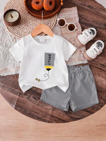SHEIN Vintaside Kids مجموعة قميص كنزة بياقة ثقيلة مطرزة وأشرطة جميلة مع شورت كاجوال منسوج لصبي طفل لمناسبات الصيف والرياضة والبطالة، مكون من قطعتين