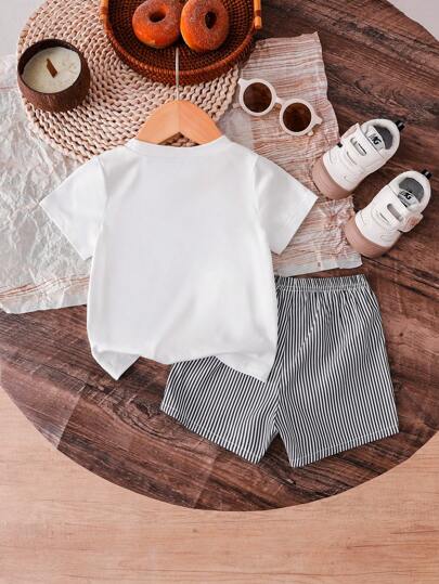SHEIN Vintaside Kids مجموعة قميص كنزة بياقة ثقيلة مطرزة وأشرطة جميلة مع شورت كاجوال منسوج لصبي طفل لمناسبات الصيف والرياضة والبطالة، مكون من قطعتين