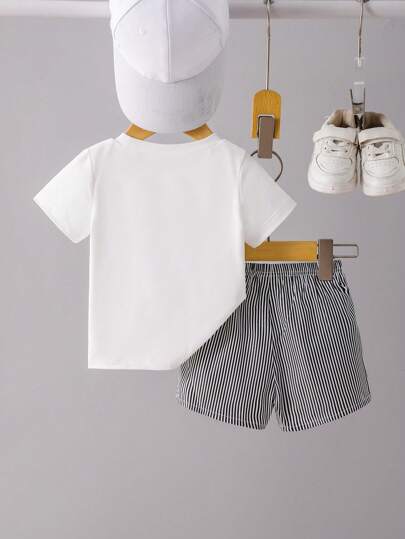 SHEIN Vintaside Kids مجموعة قميص كنزة بياقة ثقيلة مطرزة وأشرطة جميلة مع شورت كاجوال منسوج لصبي طفل لمناسبات الصيف والرياضة والبطالة، مكون من قطعتين