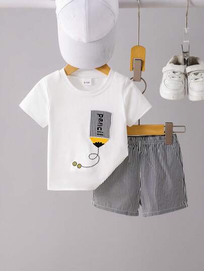 SHEIN Vintaside Kids مجموعة قميص كنزة بياقة ثقيلة مطرزة وأشرطة جميلة مع شورت كاجوال منسوج لصبي طفل لمناسبات الصيف والرياضة والبطالة، مكون من قطعتين