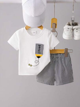 SHEIN Vintaside Kids مجموعة قميص كنزة بياقة ثقيلة مطرزة وأشرطة جميلة مع شورت كاجوال منسوج لصبي طفل لمناسبات الصيف والرياضة والبطالة، مكون من قطعتين