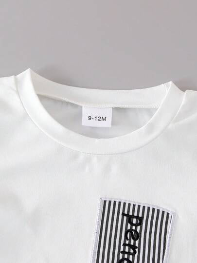 SHEIN Vintaside Kids مجموعة قميص كنزة بياقة ثقيلة مطرزة وأشرطة جميلة مع شورت كاجوال منسوج لصبي طفل لمناسبات الصيف والرياضة والبطالة، مكون من قطعتين
