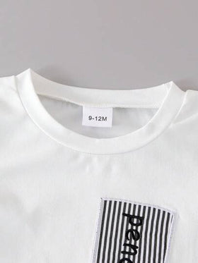 SHEIN Vintaside Kids مجموعة قميص كنزة بياقة ثقيلة مطرزة وأشرطة جميلة مع شورت كاجوال منسوج لصبي طفل لمناسبات الصيف والرياضة والبطالة، مكون من قطعتين