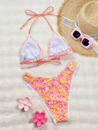 Swim Vcay طقم بيكيني برباط رقبة أخاذ مزين بالدانتيل الأزهار ، ملابس سباحة نسائية أنيقة وجذابة من قطعتين للشاطئ