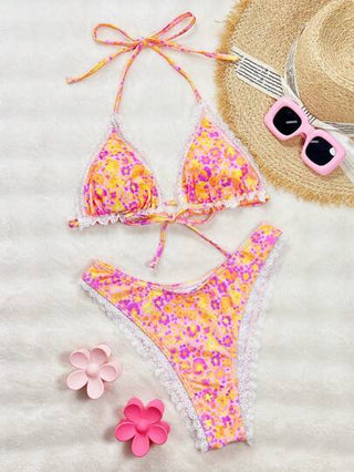 Swim Vcay طقم بيكيني برباط رقبة أخاذ مزين بالدانتيل الأزهار ، ملابس سباحة نسائية أنيقة وجذابة من قطعتين للشاطئ