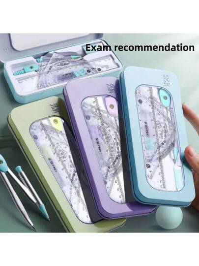 أدوات مكتبية ومدرسية 1 صندوق 7 قطع مجموعة بوصلة ومسطرة ، طقم أدوات قرطاسية متعددة الوظائف للطلاب ، تصميم معدني احترافي