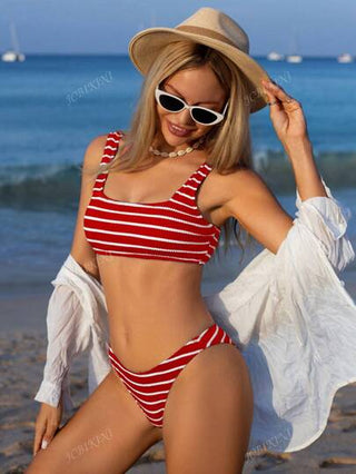 بكيني نسائي أنيق مجموعة حزب وشاطئ ، تصميم جديد موجة ناعمة مخطط شريطي سميك، ملابس سباحة صيفية موضة للسيدات