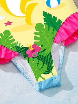BABY SHARK X SHEIN بذلة سباحة كاملة الجسم من قطعة واحدة بأكمام راجلان، بطبعات سمكة قرش كرتونية جذابة، لأسلوب عطلة الصيف على الشاطئ للفتيات الصغيرات
