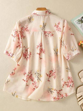 ملابس علوية قصير الأكمام مع أزرار أمامية ومطبوع عليه أوراق كاملة، بياقة كاجوال مناسب للخروجات، السفر، حفلات عيد الميلاد، والمناسبات الربيعية والصيفية والخريفية