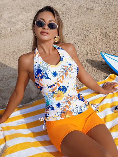 طقم تانكيني حريمي Swim Lushoire مجموعة ملابس سباحة من الطقوم والبكيني مع طبعات زهرية عشوائية، مزودة بنطاق جانبي وياقة حلقية للنساء