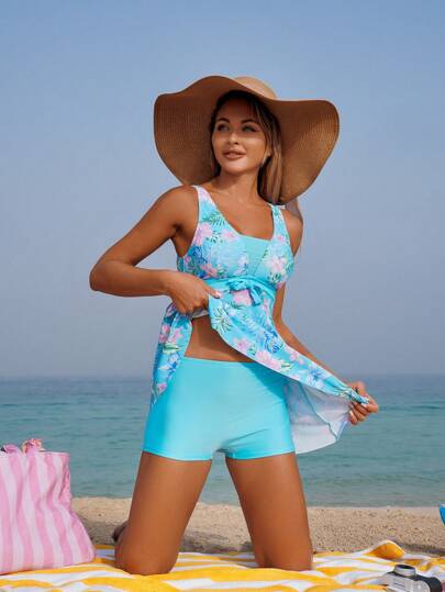 طقم تانكيني حريمي Swim Lushoire طقم الملابس السباحة الخصر المعقود بنمط النبات الاستوائي للسيدات