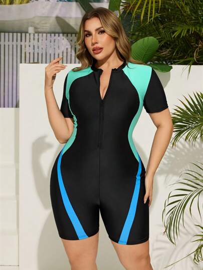 Swim Lushoire بدلة سباحة قطعة واحدة مع شورت، أكمام قصيرة، سحاب أمامي ولون متباين، مقاسات كبيرة للنساء