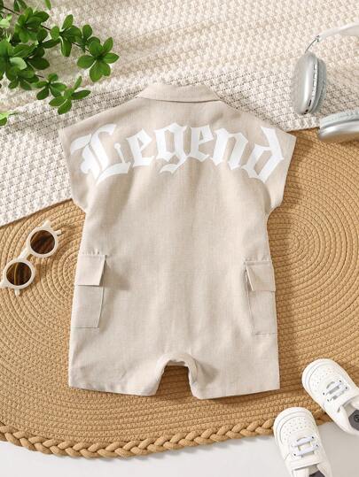 SHEIN طقم رومبر و شورت قصير الأكمام من الصوف الناعم مطبوع عليه حرف لطفل/طفلة
