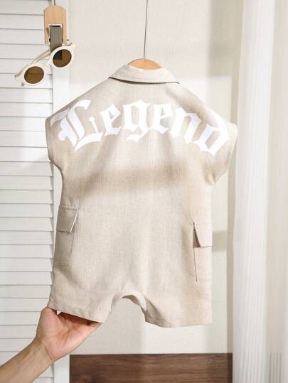 SHEIN طقم رومبر و شورت قصير الأكمام من الصوف الناعم مطبوع عليه حرف لطفل/طفلة