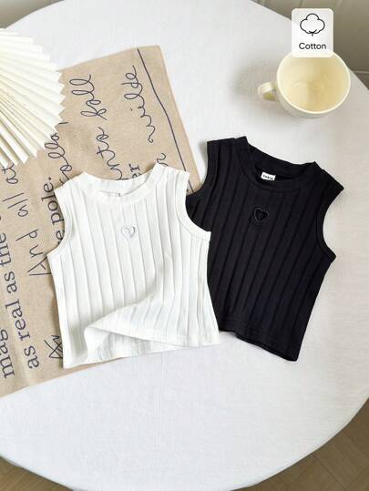 SHEIN زوجان من القمصان القصيرة الخالية من الأكمام بتصميم قلب مفرغ والياقة المستديرة للأطفال الرضع والأطفال الصغار من عمر 0-3 سنوات، قطن مضفر، وردي وأبيض