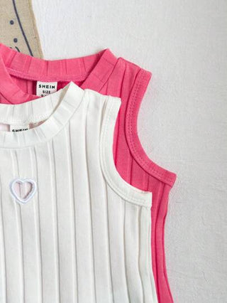 SHEIN 2 قطعة/ مجموعة، ملابس علوية بسيطة للأطفال الرضع والأطفال الصغار من عمر 0-3 سنوات للربيع والصيف، بياقة مستديرة وبدون أكمام وخصر قصير، من قماش القطن المحبوك، باللونين الوردي والأبيض