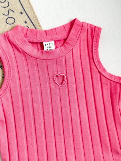 SHEIN 2 قطعة/ مجموعة، ملابس علوية بسيطة للأطفال الرضع والأطفال الصغار من عمر 0-3 سنوات للربيع والصيف، بياقة مستديرة وبدون أكمام وخصر قصير، من قماش القطن المحبوك، باللونين الوردي والأبيض