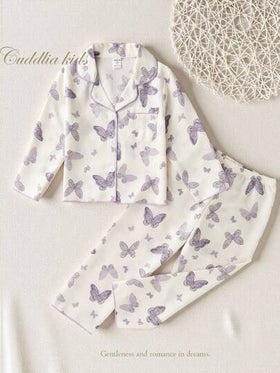 طقم بنطلون وكارديجان بأكمام طويلة مطبوع عليه فراشات بنفسجية لطيفة للفتيات الصغيرات، ملابس منزلية كاجوال ومريحة، بيجامات فراشات للأطفال للعودة إلى المدرسة بأناقة