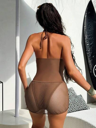 مايوه حريمي قطعة واحدة Swim SXY بدلة سباحة قطعة واحدة للنساء بحمالات رفيعة وتصميم ظهر مفتوح مربوط مزين باللؤلؤ، مع تنورة شبكية ذات خط A طقم من قطعتين