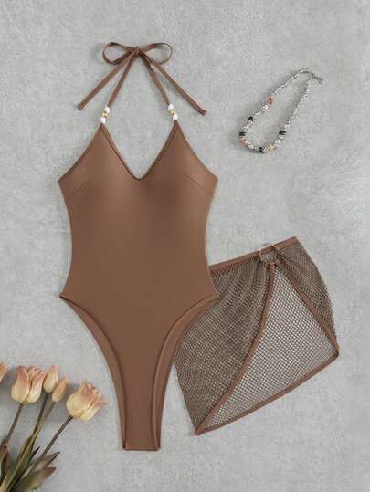 مايوه حريمي قطعة واحدة Swim SXY بدلة سباحة قطعة واحدة للنساء بحمالات رفيعة وتصميم ظهر مفتوح مربوط مزين باللؤلؤ، مع تنورة شبكية ذات خط A طقم من قطعتين