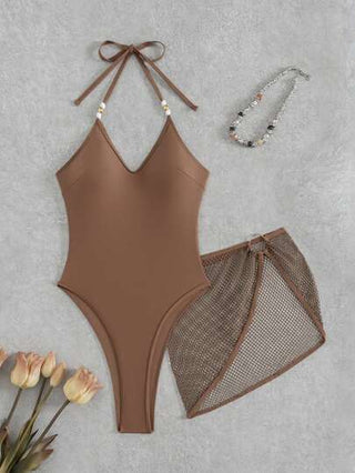 مايوه حريمي قطعة واحدة Swim SXY بدلة سباحة قطعة واحدة للنساء بحمالات رفيعة وتصميم ظهر مفتوح مربوط مزين باللؤلؤ، مع تنورة شبكية ذات خط A طقم من قطعتين