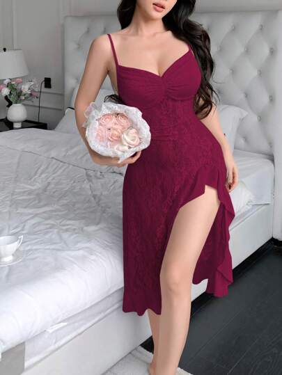 SHEIN قميص نوم للسيدات بتزيين من الدانتيل و الكشكشة الجانبية والهامة المنتفخة