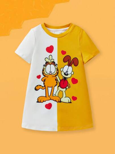 فساتين بيبي GARFIELD X  فستان أكمام قصيرة للأطفال الرضع بتصميم كتل اللون الأصفر والأبيض مع نقشة كرتونية لكلب صغير