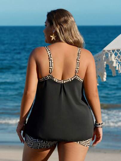 Swim Lushoire مجموعة بكيني عقدة جيومترية المطبوعة للسيدات مقاسات كبيرة، ملابس السباحة لقضاء الإجازة الصيفية على الشاطئ