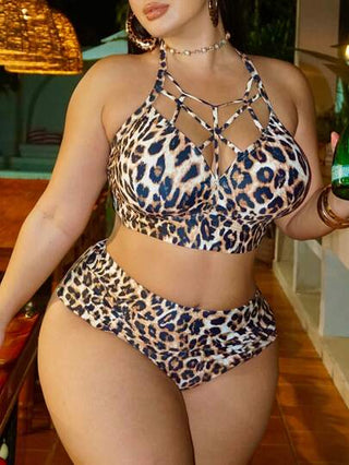 Swim SXY مجموعة أزياء سباغيتي مقاس كبير للنساء، بطلة سترة داخلية ذات شرائط بنقش نمر وسنارة رفع