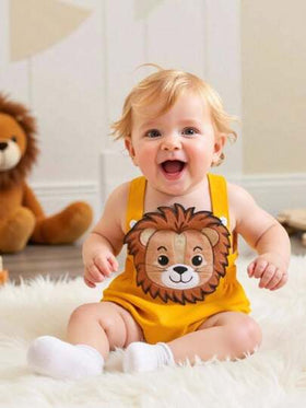 SHEIN Playful Pals بدلة جسم الطفل الصغير مزينة بتطريز الأسد ثلاثي الأبعاد واسعة وجميلة للربيع والصيف