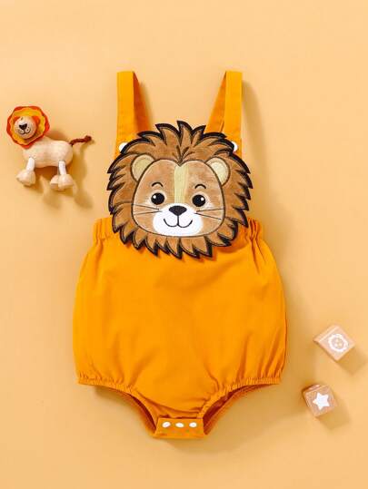 SHEIN Playful Pals بدلة جسم الطفل الصغير مزينة بتطريز الأسد ثلاثي الأبعاد واسعة وجميلة للربيع والصيف