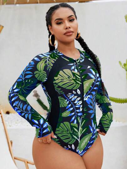 Swim SPRTY جمبسوت سباحة بقطعة واحدة وسحاب أمامي مطبوع عشوائي، كم طويل مرتدي، منحف للمرأة كبيرة الحجم ل- العطلة الشاطئية والاستجمام في المسبح