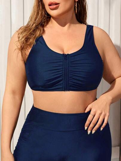 Swim Lushoire ملابس علوية رياضية من النوع الواسع المقاس لسيدات العطلات بلون أحادي مع كشكشة وسوستة من الأمام