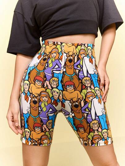 SCOOBY-DOO X SHEIN شورت دراجة نسائي ذو خصر عالي مطبوع بالكامل، كاجوال للصيف