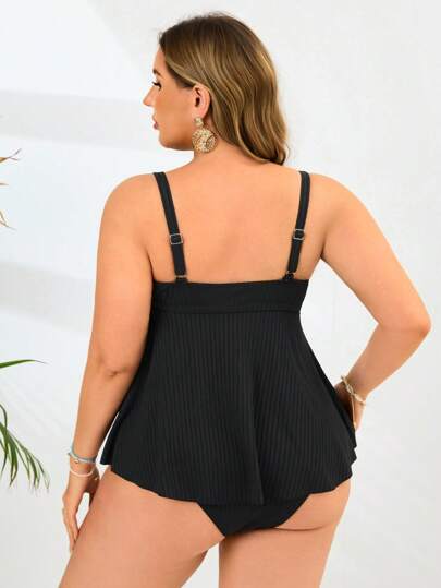 Swim Lushoire قطعتان بيكيني كبر الحجم للسيدات ذو قاعدة عالية الخصر ومنطقة البوست سوداء بتصميم بسيط، ملابس سباحة للعطلات
