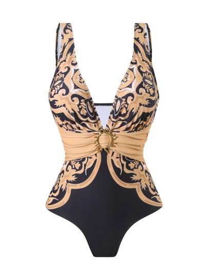 Swim Oasis حلة سباحة قطعة واحدة مطبوعة مزودة بتنورة و بنطلون مشبك ١ مجموعة من 3 قطع ، منتج مناسب للبحر والمنتجعات ، ملابس سباحة كاجوال لفصل الصيف