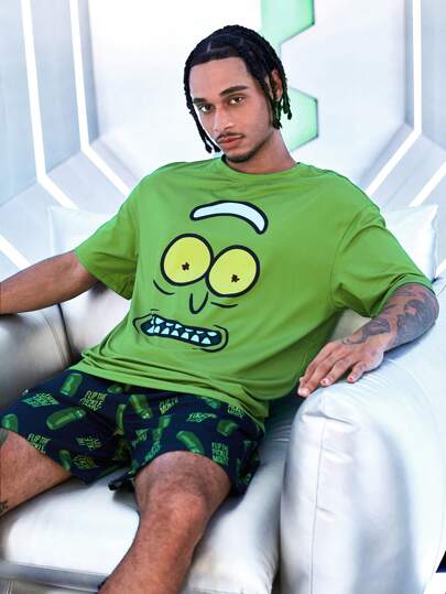 Rick and Morty X SHEIN طقم ملابس علوية رقبة طاقم كرتونية وشورت أسود، ملابس منزلية صيفية عادية للرجال