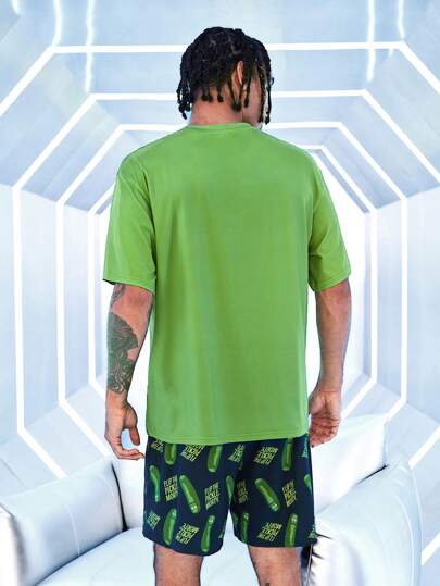 Rick and Morty X SHEIN طقم ملابس علوية رقبة طاقم كرتونية وشورت أسود، ملابس منزلية صيفية عادية للرجال