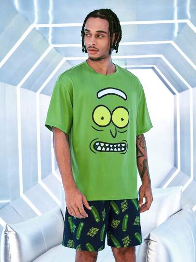 Rick and Morty X SHEIN طقم ملابس علوية رقبة طاقم كرتونية وشورت أسود، ملابس منزلية صيفية عادية للرجال